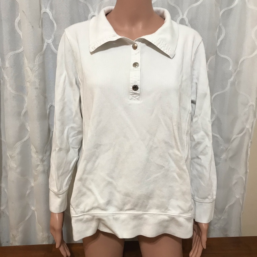 Lauren Ralph Lauren Womens Sweater Shirt Long Sleeves White Half Button Down Top